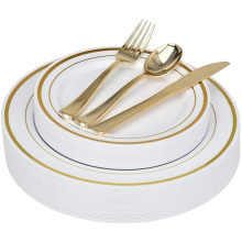 125-Piece Premium Gold Rim Plastic Silverware Cutlery Set Heavy Duty Plastic Place Setting Dinnerware Set